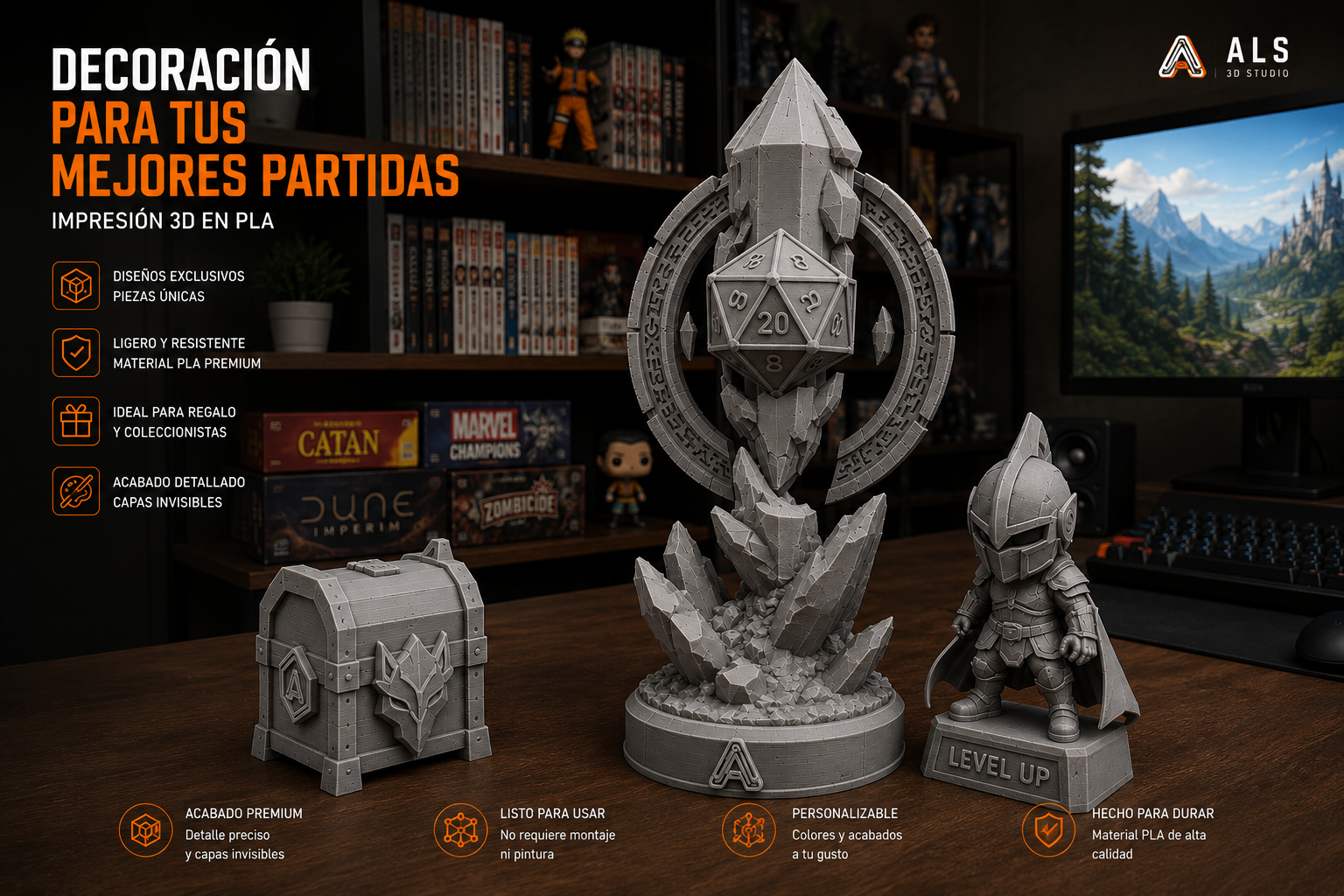 Decoraci&oacute;n para tus mejores partidas con piezas de impresi&oacute;n 3D en PLA blanco, PLA de color o PETG de ALS 3D Studio.